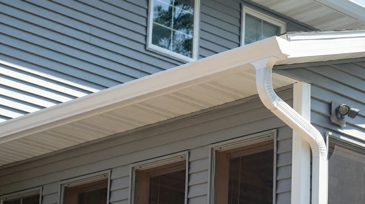 Professional home remodeling project showing newly installed white seamless gutters and downspouts on a house with gray siding in Ann Arbor, Mi