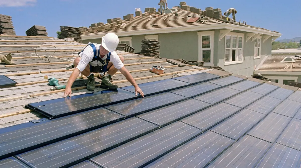 Roof replacement expert installing modern solar shingles on a residential home in Ann Arbor, Mi