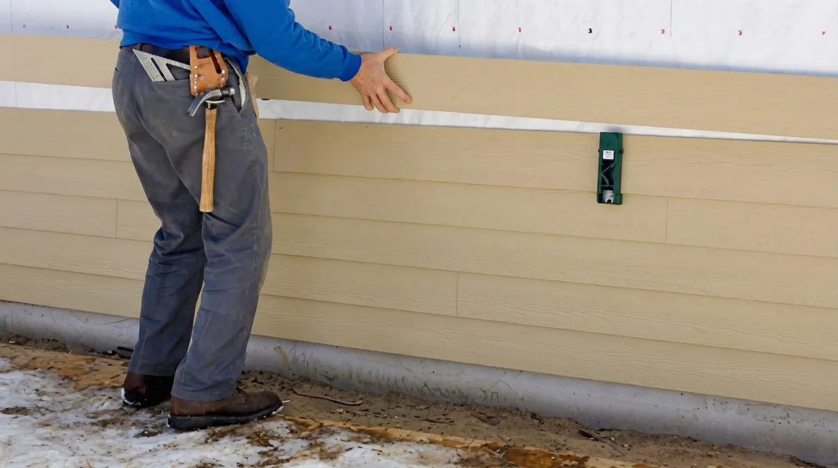 Siding replacement expert carefully aligning a new tan siding panel onto a residential exterior wall in Ann Arbor, Mi