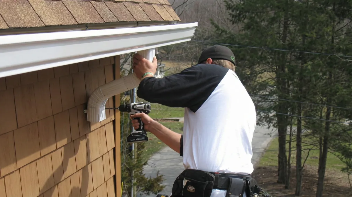 Professional contractor installing tan vinyl siding panels on a residential home exterior in Ann Arbor, Mi