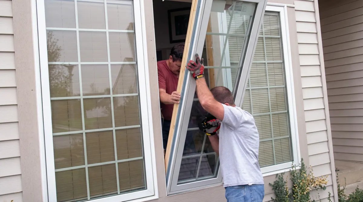 Professional home remodeling team installing a large replacement window on a house with tan siding in Ann Arbor, Mi