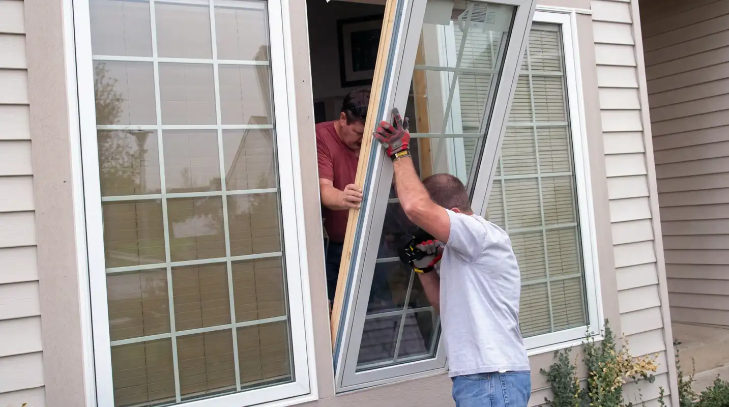 Professional home remodeling team installing a large replacement window on a house with tan siding in Ann Arbor, Mi